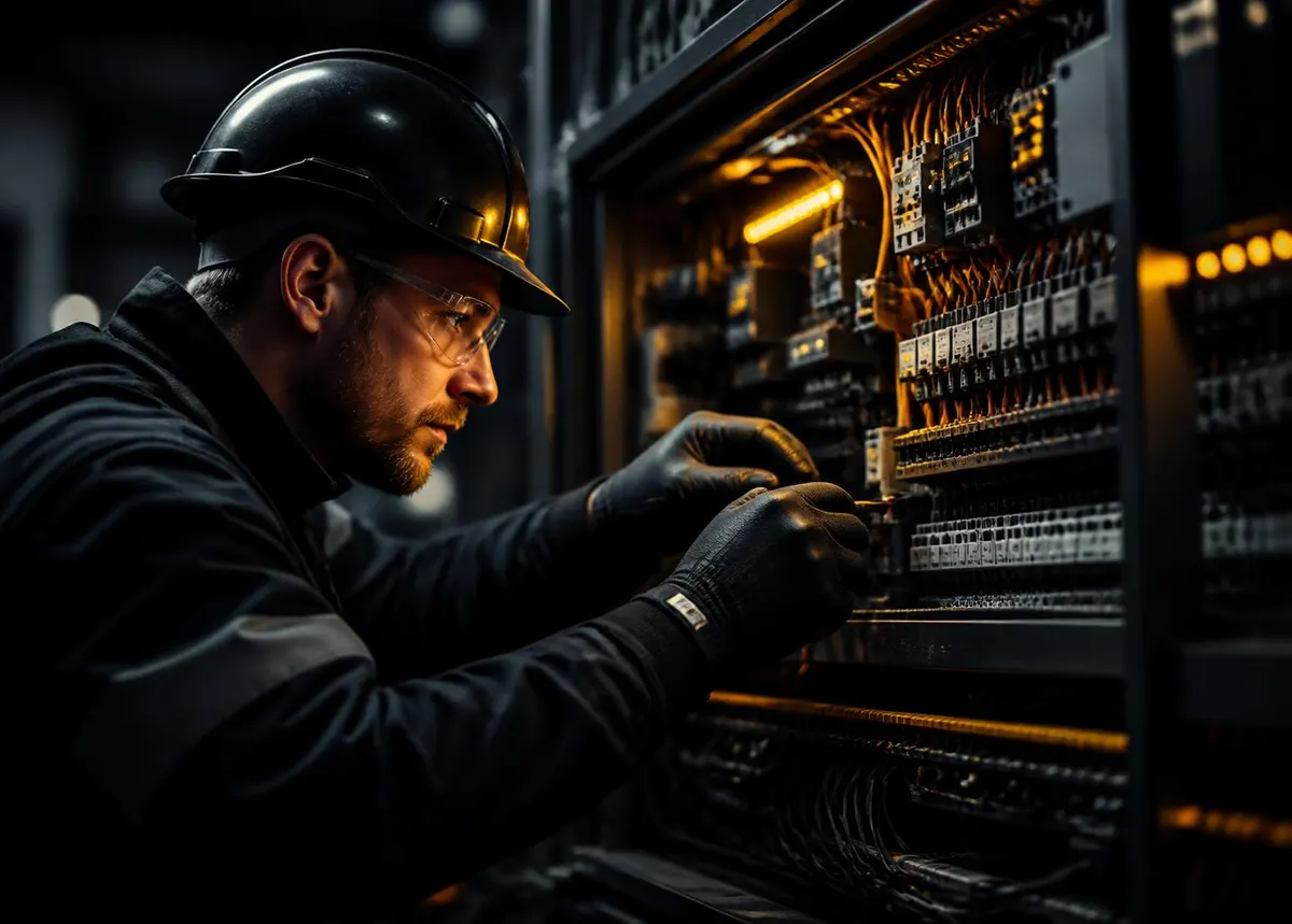 Eletricista da R. Andrade executando serviço em quadro elétrico industrial
